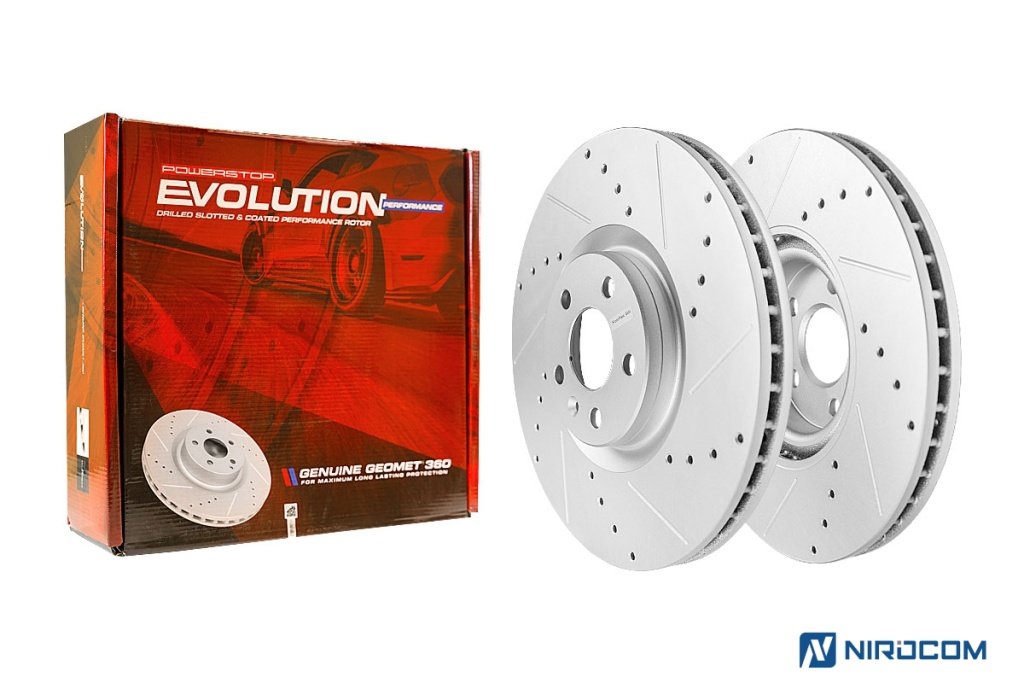 Передние тормозные диски PowerStop Evolution EBR1642 с перфорацией и насечками и коробка